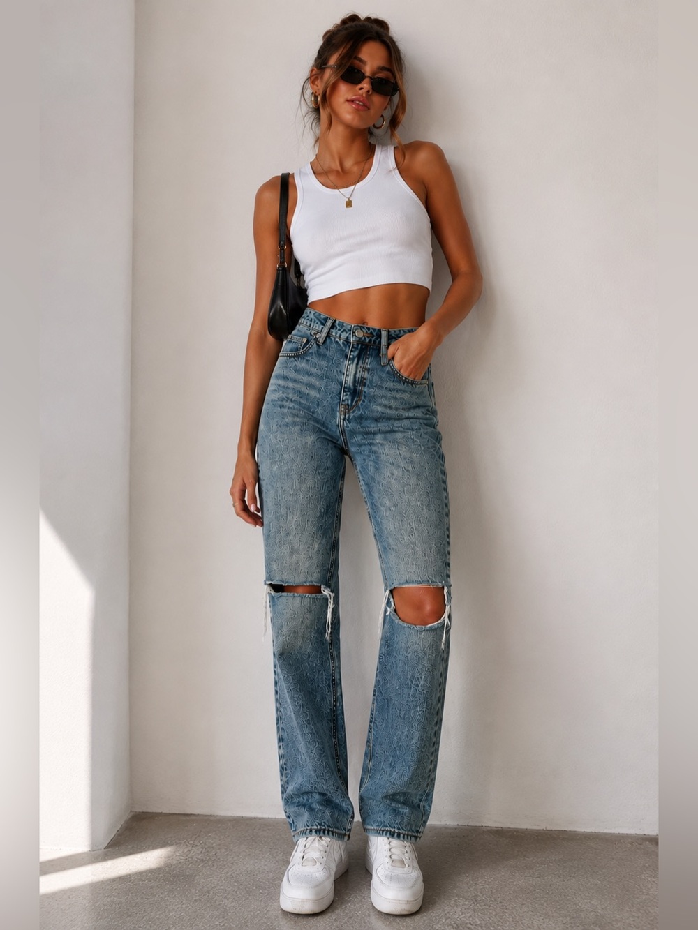 Princess Polly Y2K High Rise Straight Leg Distressed Jeans Blue Denim